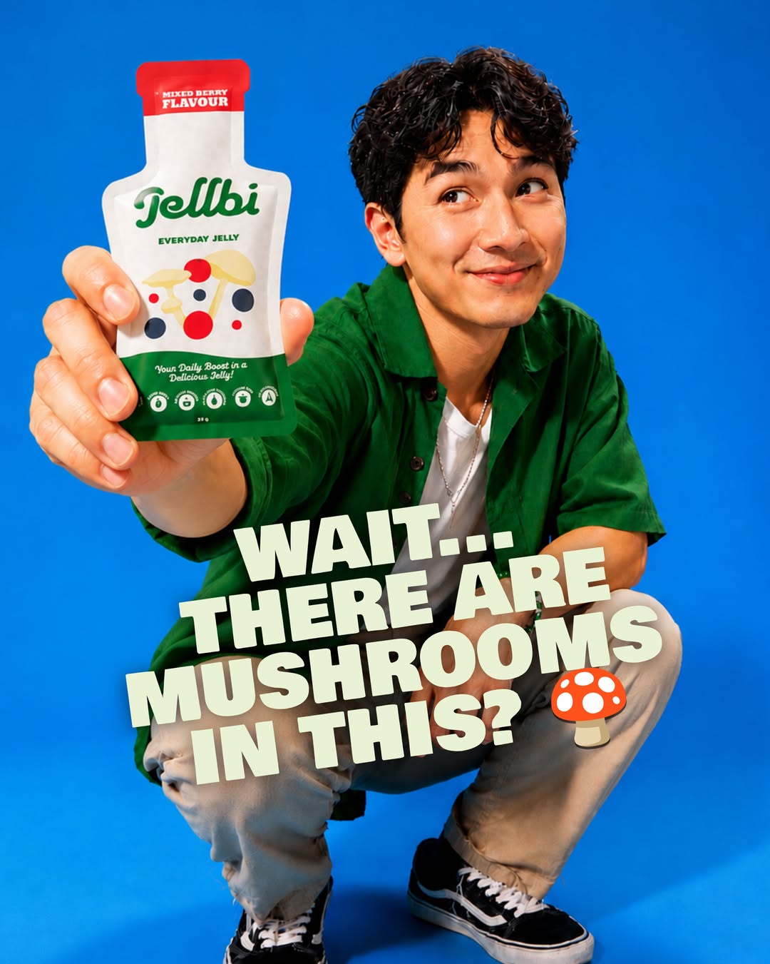 Man holding a Jellbi sachet with the text “Wait… there are mushrooms in this?”