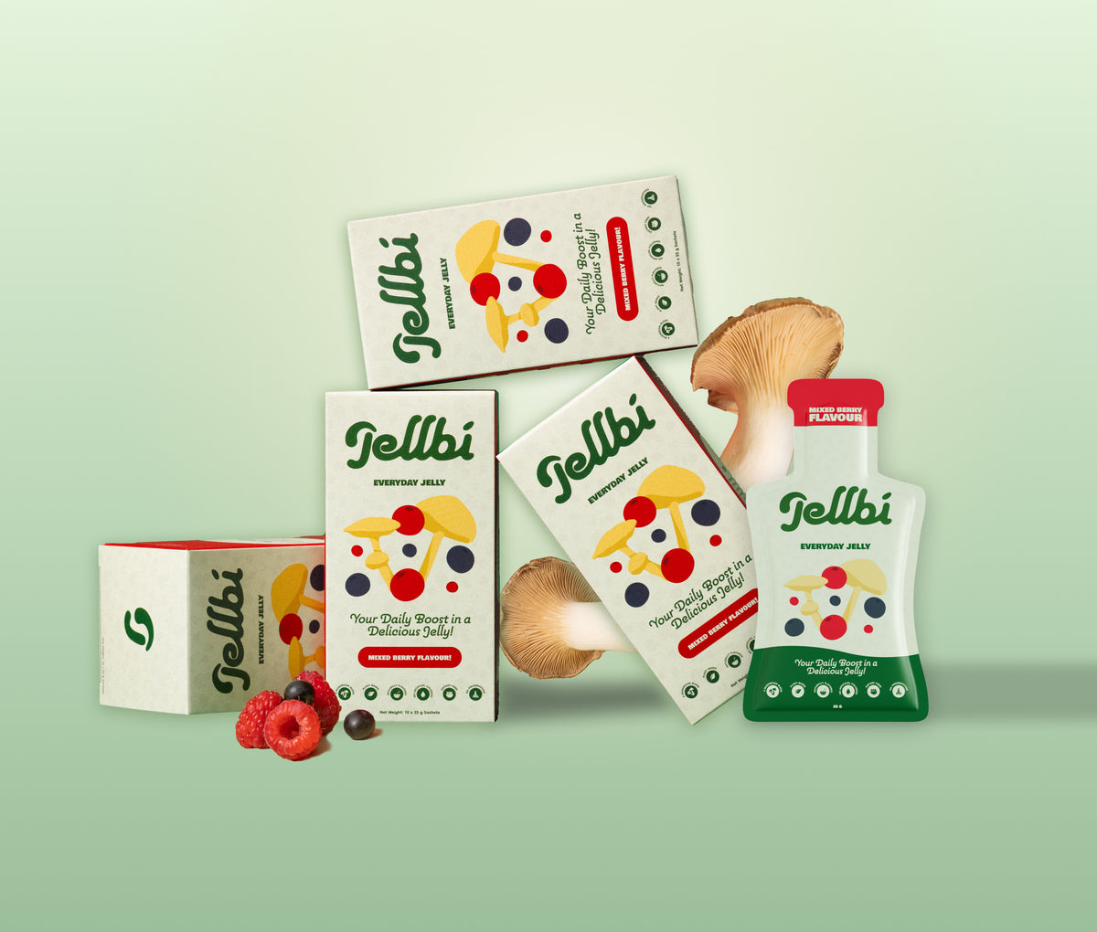Jellbi Everyday Jelly boxes and sachets with mushrooms and berries on a light green background
